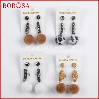 

BOROSA Stylish Rhinestone Pave Rectangle/Oval Earrings with Cute Soft Ball Drusy Drop Earrings for Women Girls Jewelry JAB812