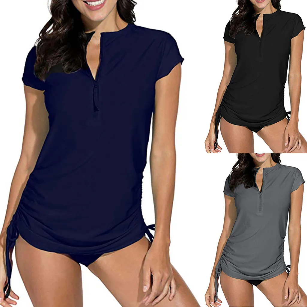 

MUQGEW Women's Rash Solid Guard Sun Protection UV Surf Tops Short Sleeve Swim Shirt Bathing Suit Beachwear Bikini 2019 Mujer