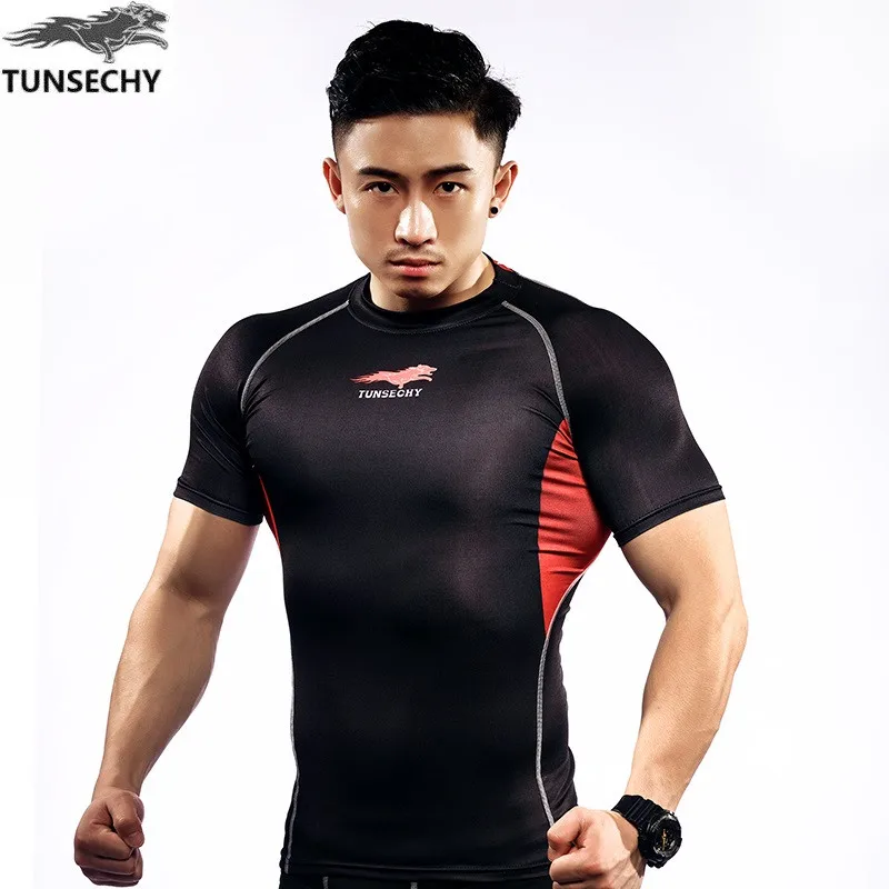 

TUNSECHY brand 2017 New T-shirt men Tights Fitness Quick Dry Casual Stretch Top Tee Shirt Fitness Mma Plus Size Hot Sale