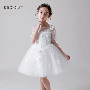 

Elegant White Tulle Floral Flower Girl Ceremony Half Sleeve Pageant Princess Dress for Party Wedding Girl First Communion Gown