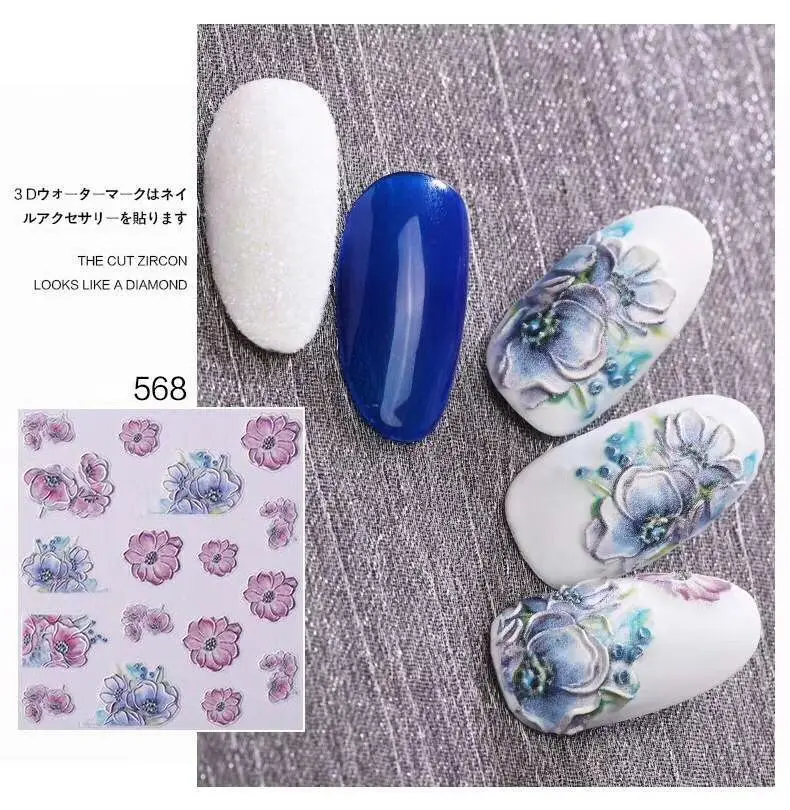 

3D Acrylic Engraved flower Nail Sticker flower butterfly Water Decals Empaistic Nail Water Slide Decals