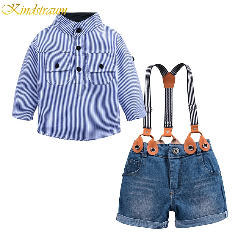 

2019 Summer Boys Clothing Sets Long Sleeve Blue Stripe Shirt+Suspenders Jeans Shorts 2Pcs Wedding Party Casual Outfits DC063