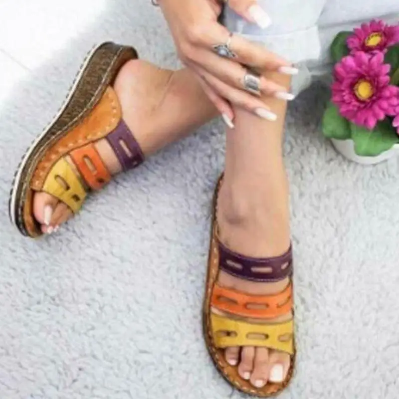 1 пара; летние женские Модные Цветные повседневные пляжные сандалии на низкой танкетке с открытым носком; шлепанцы размера плюс