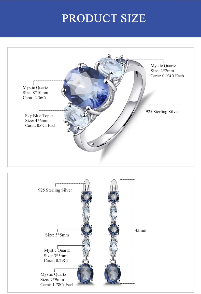 GEM'S BALLET, натуральный иолит, Мистический Кварц, Небесно голубой топаз, драгоценный камень, ювелирный набор, 925 пробы, серебряные серьги, набор колец для женщин