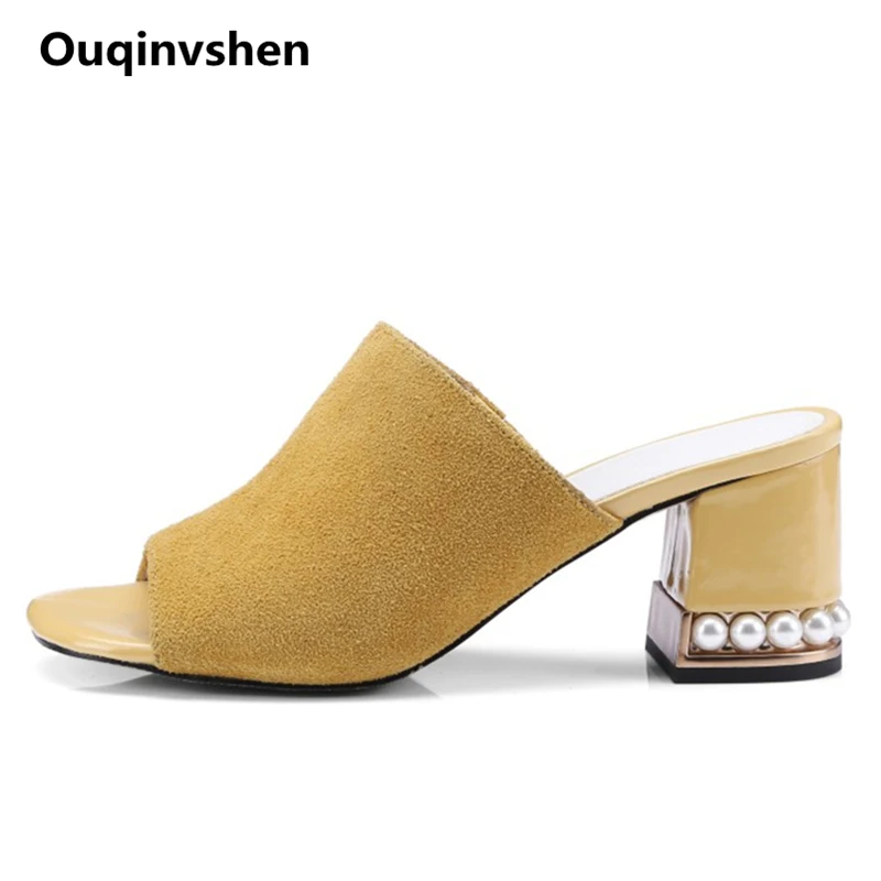 

Ouqinvshen String Bead Red Slippers Peep Toe Fashion Square Heel Women Shoes 2018 Kid Suede Summer Slippers Plus Size 33-44