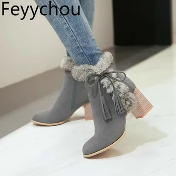 

Women Boots Autumn Winter High Heel Warm Fur Ankle Flock Zip Thick Heel Snow Shoes 2018 Sexy New Fashion Casual Black Gray Beige