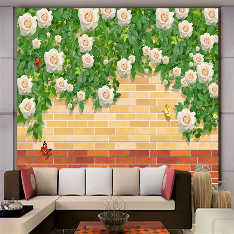 Modern Green Leaf Wall Murals 3D Brick Stone Wallpapers White Flowers