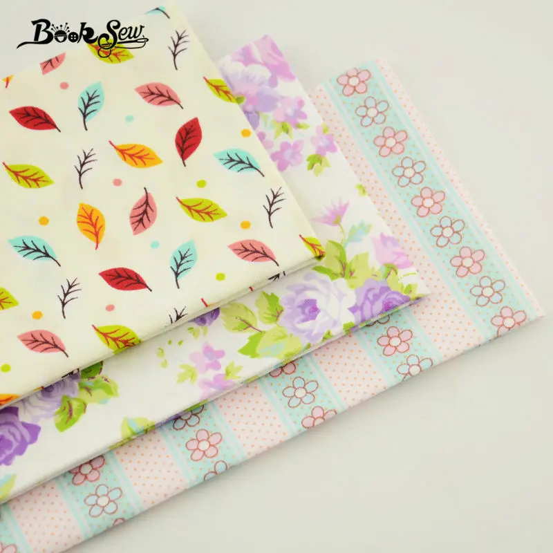 Хлопковая саржевая ткань Booksew маленькие цветы/листья/фиолетовая Роза стильный