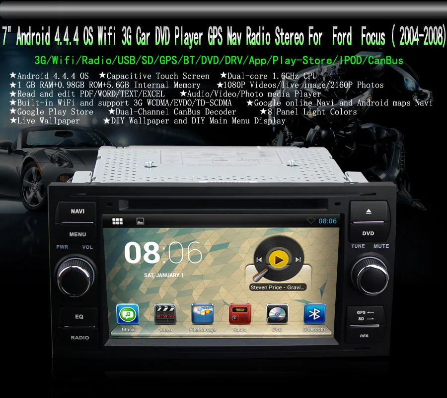 Best 7" HD Android 8.1 OS Wifi 3G GPS Nav Radio Stereo Car DVD Player for Ford Focus 2004-2008 Black Gift GPS Card and Map 2017 New 1