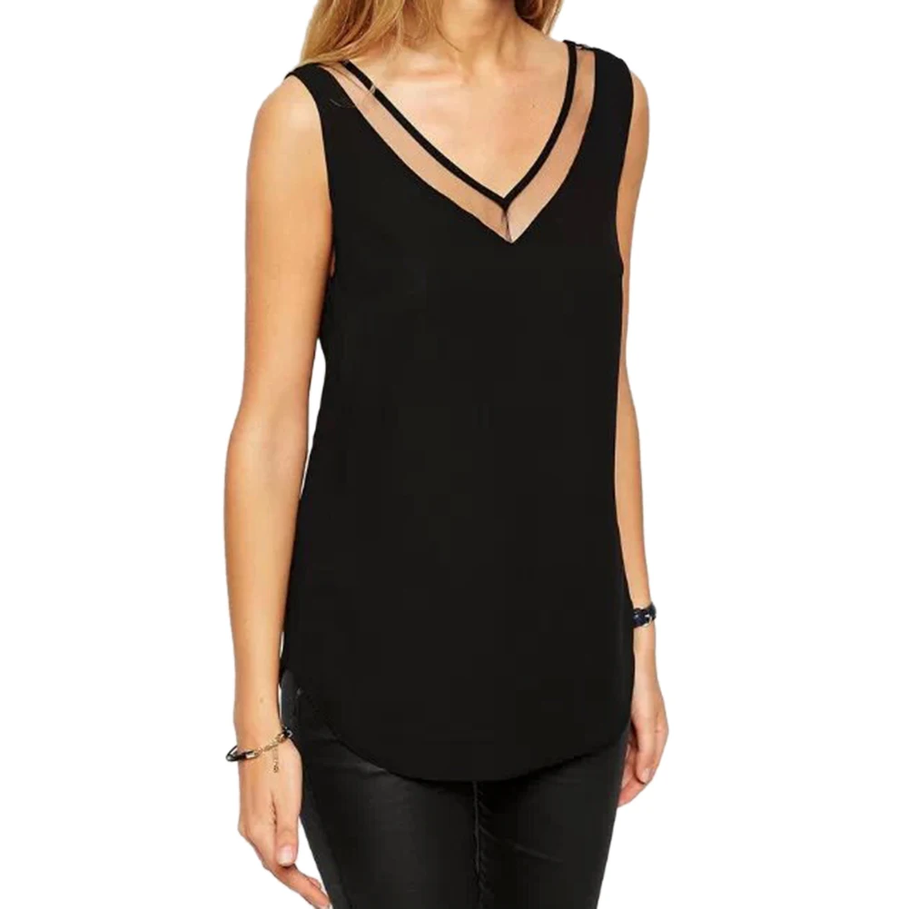 

1pcs Tops Women Summer V Neck Chiffon Vest Sleeveless Casual Tank Blusas Tops Sheer Mesh Patchwork T Shirt Bottom Camisole