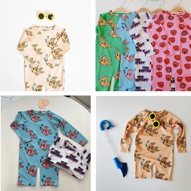 

EnkeliBB Hug* Loves Tiki Children Swimming Suit Lovely goldfish Print Swimwear Long Sleeve Swimsuits Boys and Girls UV 50