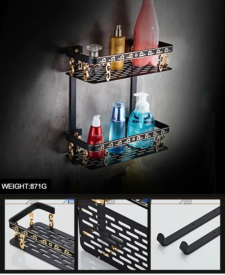 Черное и Золотое резное алюминиевое приспособление для ванной комнаты, набор аксессуаров для ванной, Полка для полотенец, держатель для бумаги, крючок для одежды BG1001 серии