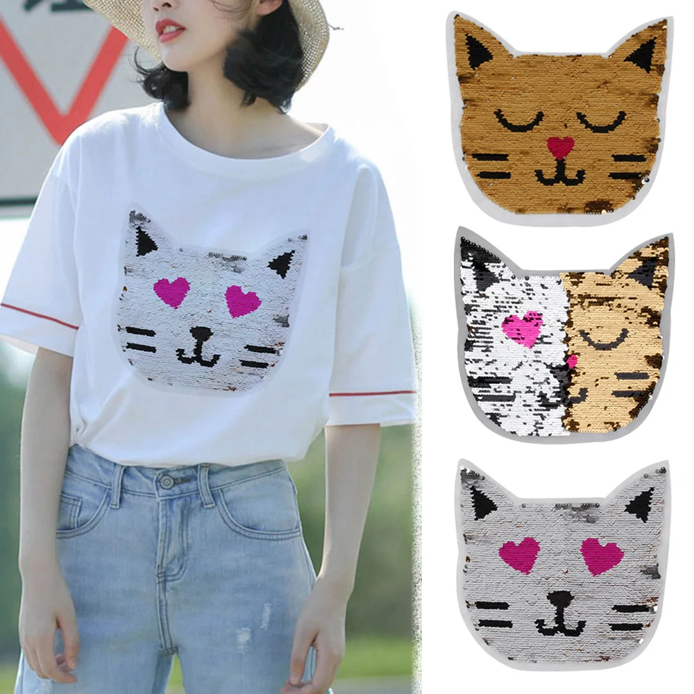 

1PC Cute Cat Reversible Color Changing Sequins Sewing on Patch Clothes DIY Applique Clothing Jeans Craft Embroidery Sewing