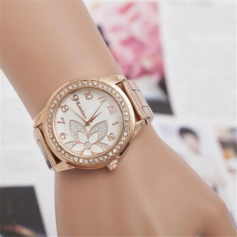 Women Alloy Golden Crystal Analog Quartz Wrist Watch Rhinestone Fashion