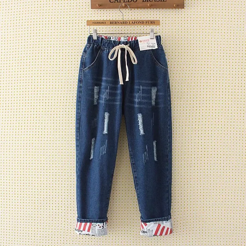 Плюс Размеры XL-5XL два носить манжеты джинсы для Новинки для женщин отверстие Гибкая лодыжки-Длина штаны джинсы с эластичной резинкой на талии