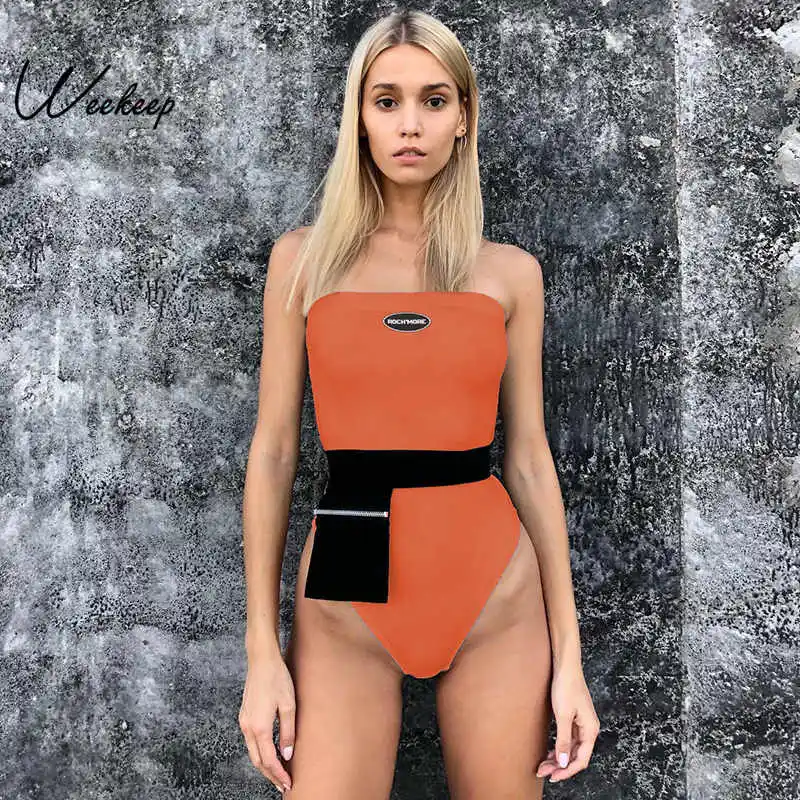 Weekeep Women Bodycon High Street Strapless Bodysuit Knitted Letter Print Patchwork Bodysuits