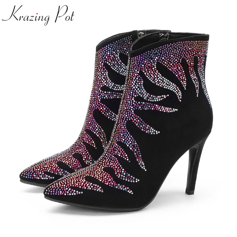 

Krazing Pot kid suede pointed toe party wedding strange bling decoration elegant brand diamond-studded dating ankle boots L39