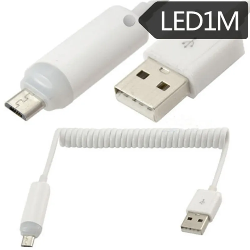 

Hot 1m Spiral Coiled USB 2.0 Male A to Micro USB 5-pin Data Cable with LED