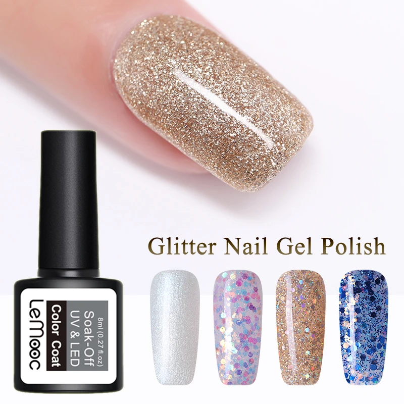 

LEMOOC 8ml Pigment Glitter Sticker Shining Gel Nail Polish Base and Top Needed Nails Painting Manicure Decorations Gel Varnish