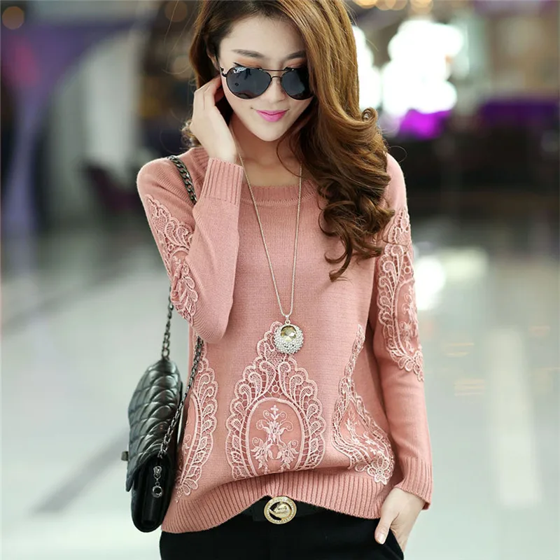 

Spring Autumn New 2016 Fashion Loose Cashmere Pullover Women Knit Sweater Hedging Round Neck Outwear Female Lace sweaters