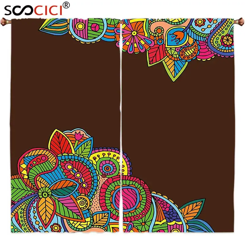 

Window Curtains Treatments 2 Panels,Floral Ethnic Stylized Ornamental Colorful Blooms with Abstract Lines Boho Artistic Print