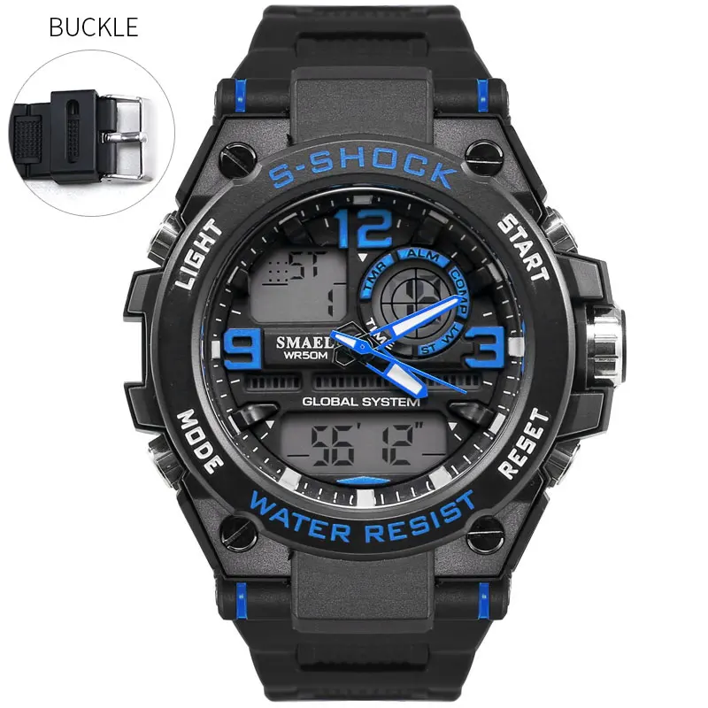 SMAEL, спортивные часы, золотые S-shock часы, водонепроницаемые, двойное время, Авто Дата, электроника, мужские часы 1603, мужские часы, цифровые часы - Цвет: Black Blue