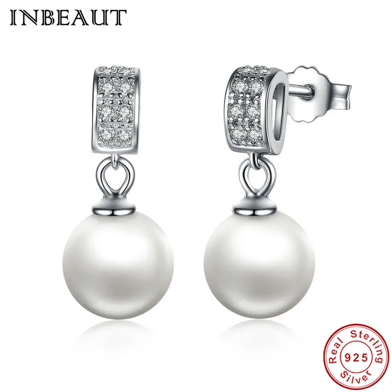 

INBEAUT Fashion Mirco AAA Cubic Zirconia Earrings 925 Sterling Silver Round Sparkling CZ Fresh Water Pearl Stud Earrings Jewelry