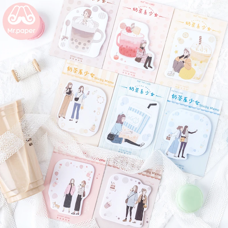 

Mr Paper 30pcs/lot 8 Designs Milk Tea Girls Memo Pad Sticky Notes Notepad Diary Creative Stationery Self-Stick Notes Memo Pads