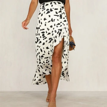 

Summer Bohemian Dotted High Waist Midi Skirts Side Split Ruffled A-line Chiffon Beach mid-calf Long Skirts Lady Irregular Skirts