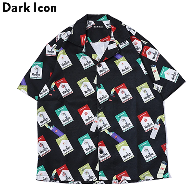 

DARK ICON Full Printed Side Split Turn-down Collar Men's Shirt 2019 Summer Hawaii Style Shirts Men Streetwear Shirts