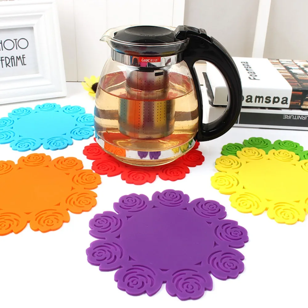 

5pcs/set Rose Silicone Drink Coasters Non-Slip Heat Resistant Coffee Cup Pot Plate Mat Pad Dining Table Placemat Decorations