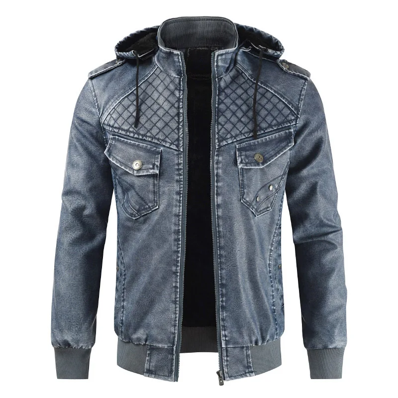 

Winter Men's Hooded Leather Coat with Velvet Warm Vertical Collar Slimming Men's Long Sleeve PU Leather Jacket Hat Removable