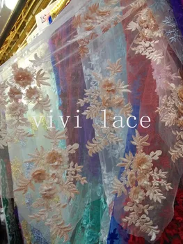 

5yards HT621 beigeluxury 3D flower embroidery tulle mesh french lace for wedding dress/evening dress,ship by dhl