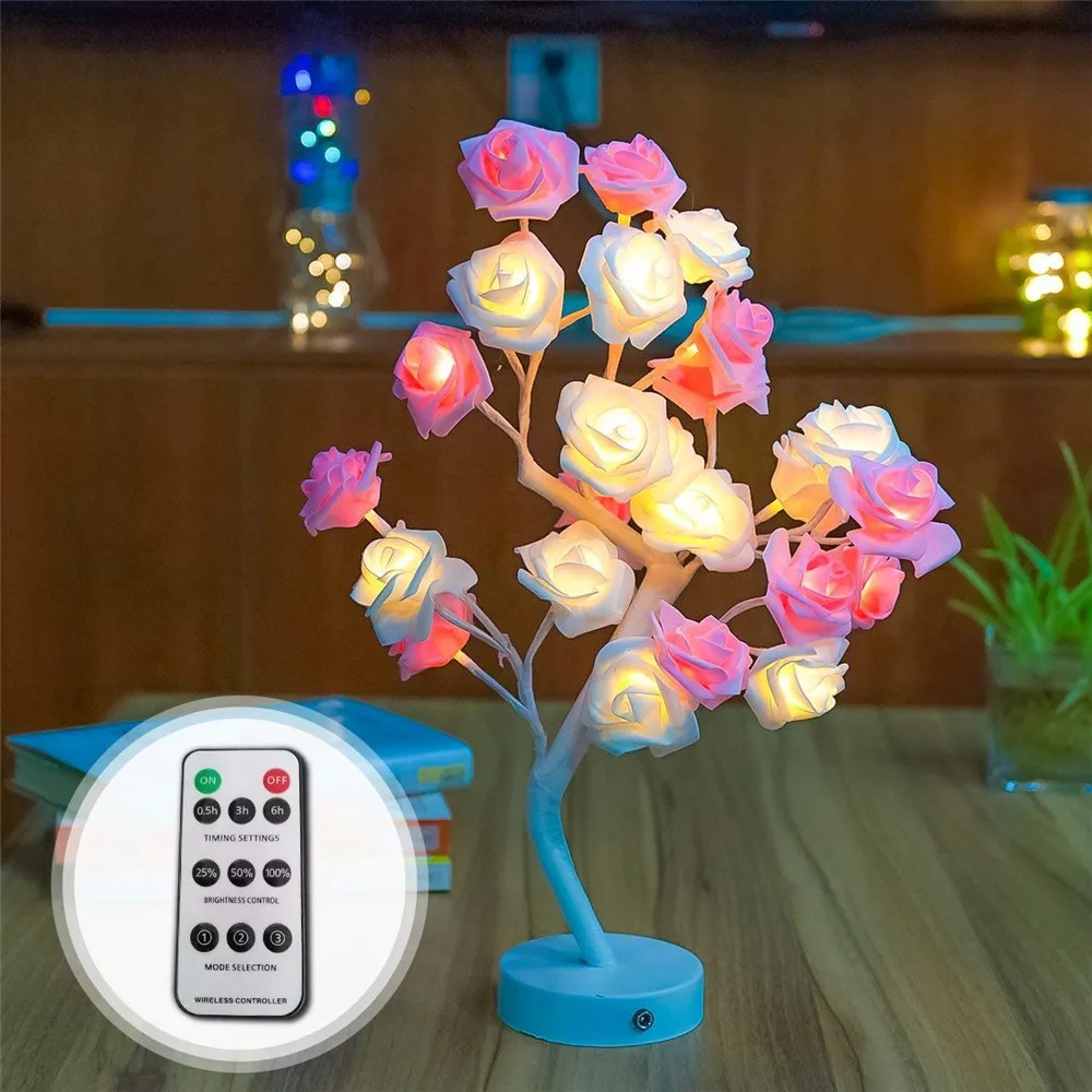 Светодиодный светильник в форме цветка розы в форме дерева с usb-портом и питанием от батареи, декоративный, настольный, светодиодный, для вечеринок, Рождества, свадьбы