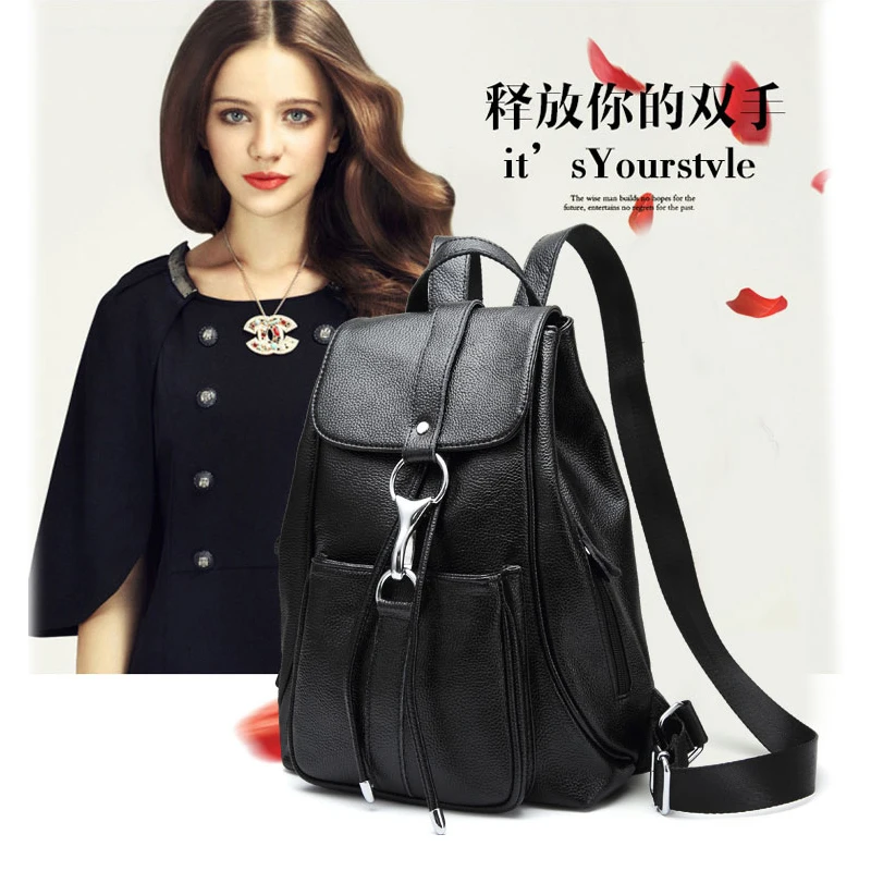 Black Backpack Women Genuine Leather Backpack School Bags Lady Fashion