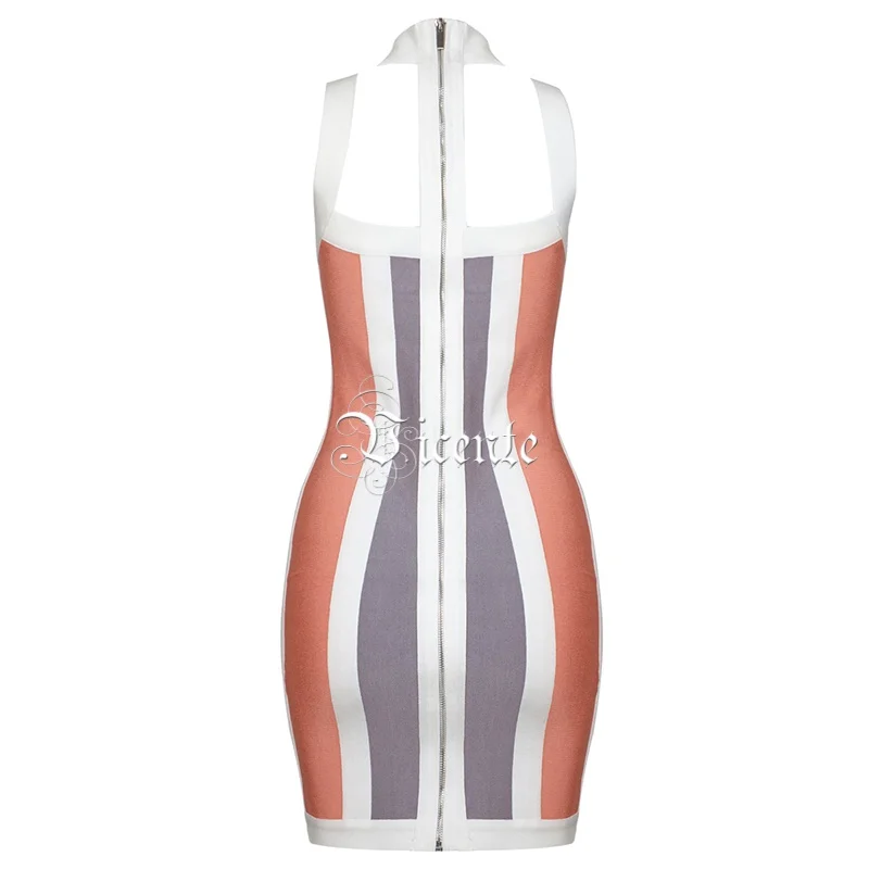 Chaude Bandage Mode Celebrity En Du Rayé Vicente De 2019 Couleur Élégante Robe Nouvelle Manches Multi Ras Cou Femmes Gros Sans Party j5LA43R