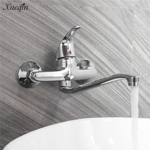 Xueqin Extended Spout Bathroom Basin Faucet Chrome Polished Single Handle  Sink Water Mixer Tap Cold And Hot Wall Mounted