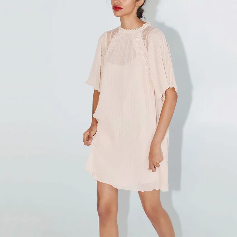 

Summer women dress casual round neck short sleeve solid color lace dress Vestidos