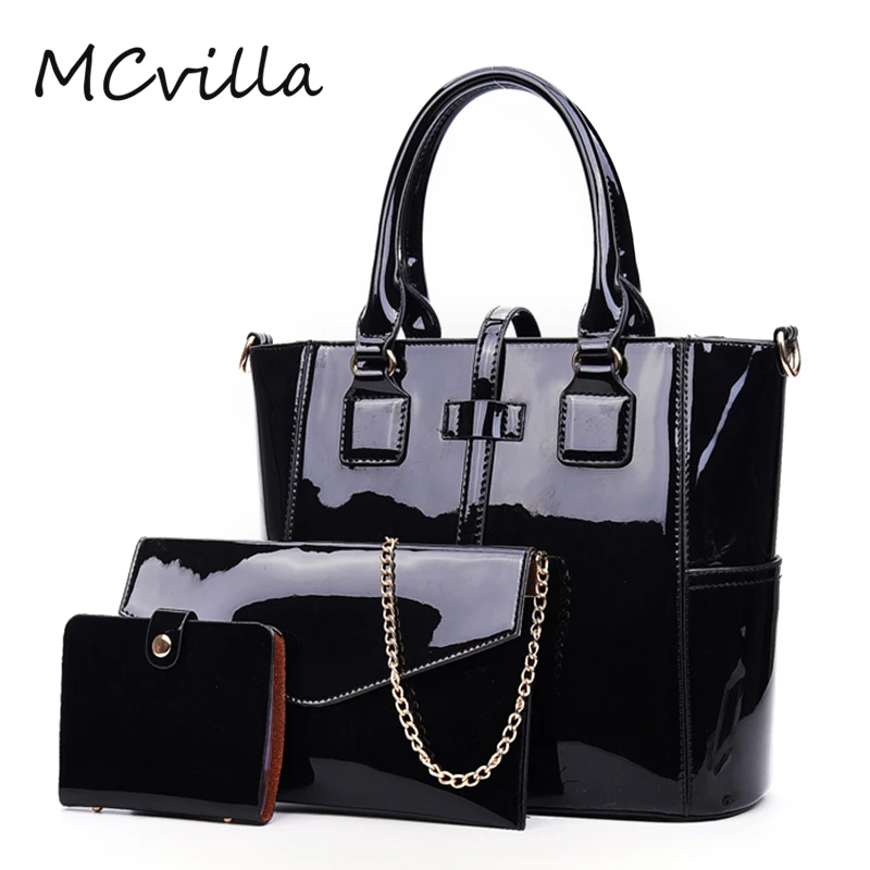 

3pcs/Set Women Handbags Patent Leather Shoulder Bags Casual Tote Bag Metal Handle Designer Female Composite Messenger Bag Purse