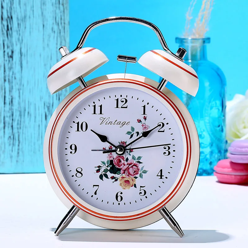 4 Inch Metal Alarm Clock European Style Creative Bell Clock Flower Surface Painting Mute Nightlight Table Clock Wakeup Desk Cloc