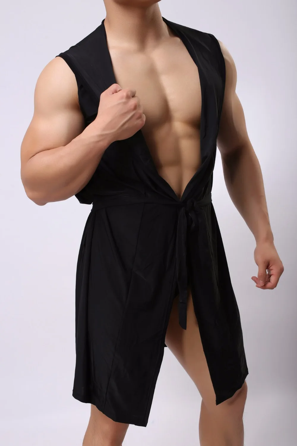 Сексуальный Мужской без рукавов с капюшоном шелковый халат мужской Пижама-халат дешевые мужские халаты из полиэстера с капюшоном черный белый серый кофейный