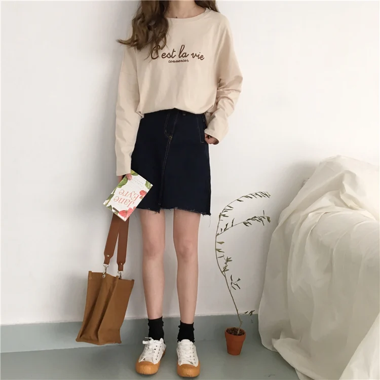 3 цвета, весна, корейский шикарный стиль, винтажные свободные футболки с буквенным принтом и О-образным вырезом, с длинным рукавом, женские футболки(B1167