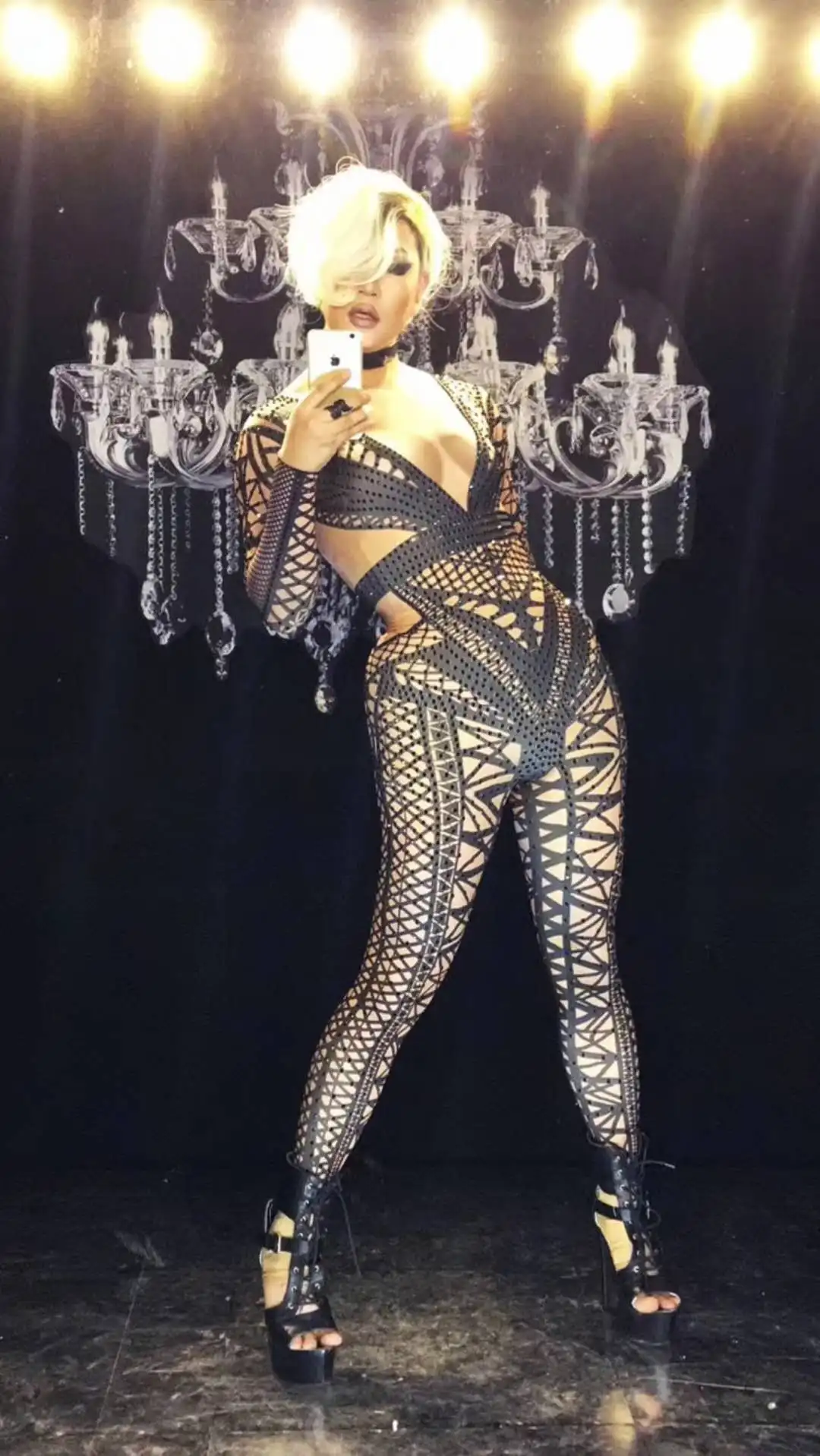 Black Rhinestone Sparkly Bodysuit Crystal Jumpsuit Lux Stage