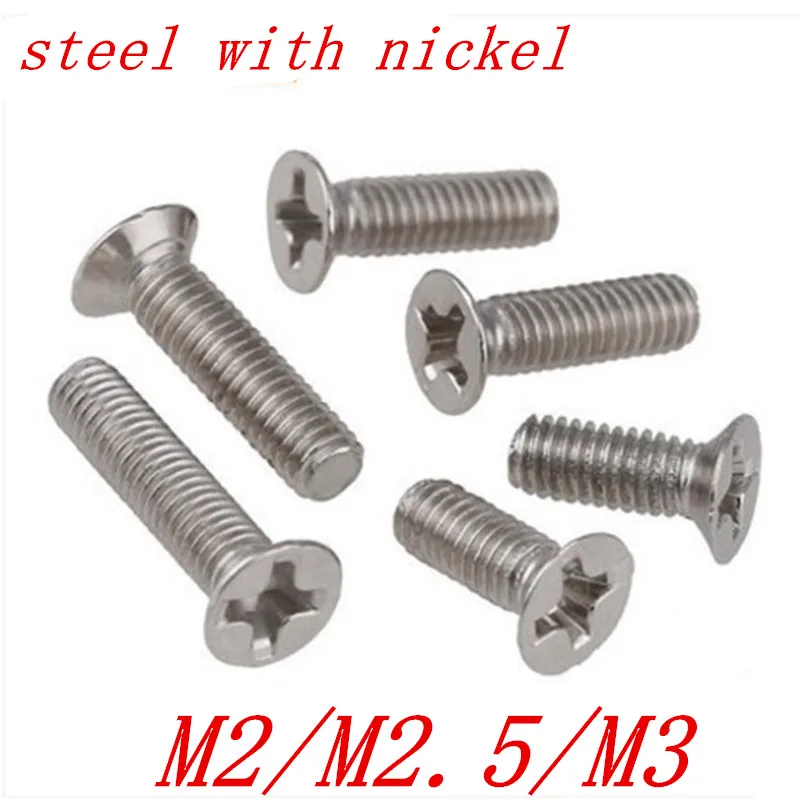 500pcs flat head screw M2 m2.5 M3 DIN965 Steel with nickel phillips