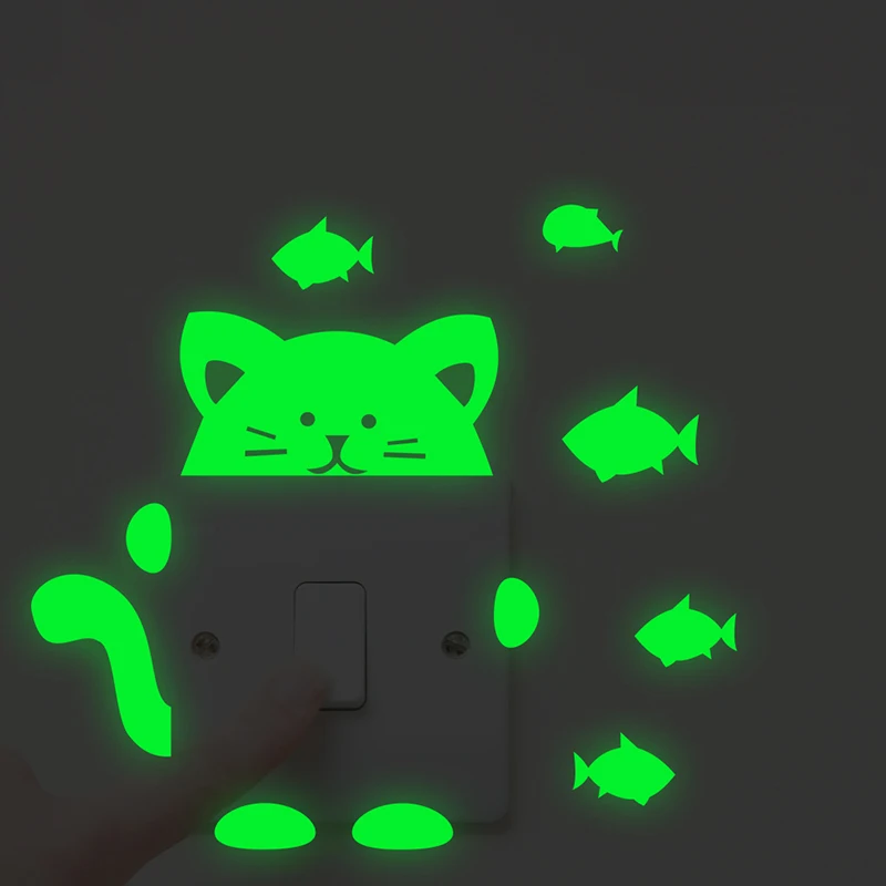 Kitten Luminous Switch Panel Stickers Glow In The Dark Decoration For Home Living Room Decor Vinyl Fluorescent Mural Wallpaper