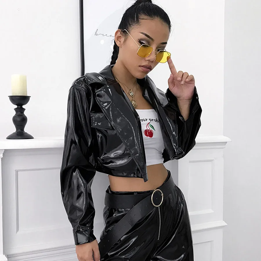 Короткая куртка с отворотом Свободное пальто блестящее Chaqueta Moto Mujer черное