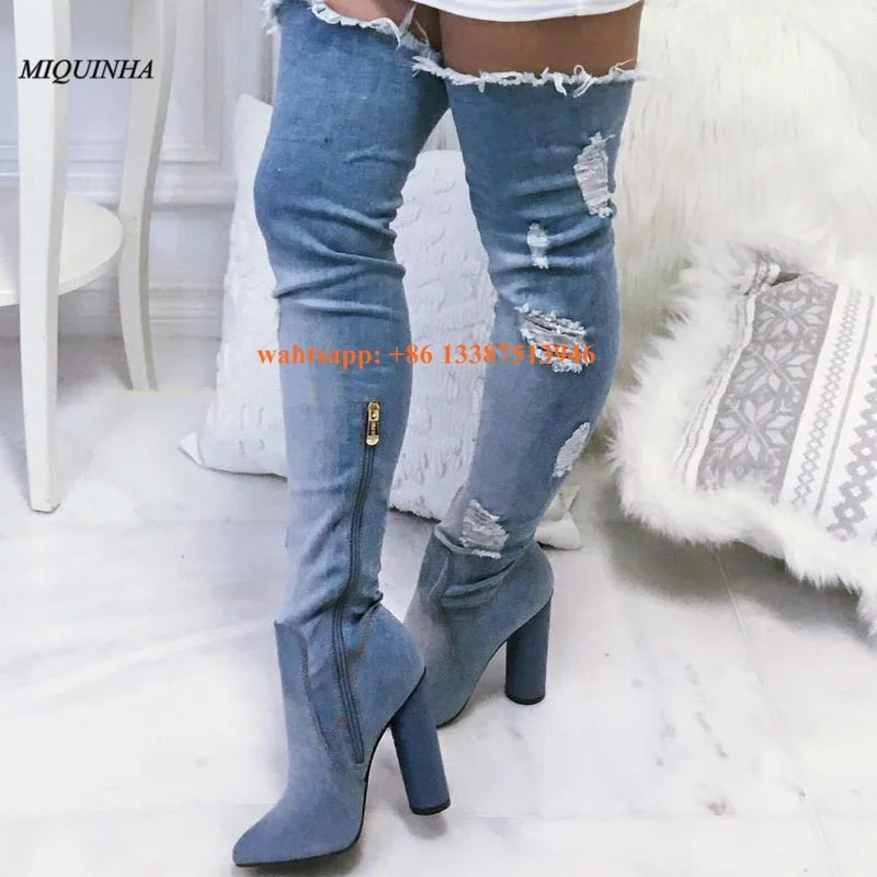 2017 New Fashion Women Blue Black Distressed Denim Over Knee Thick Heel Boots Sexy Long Chunky High Heel Thigh High Boots