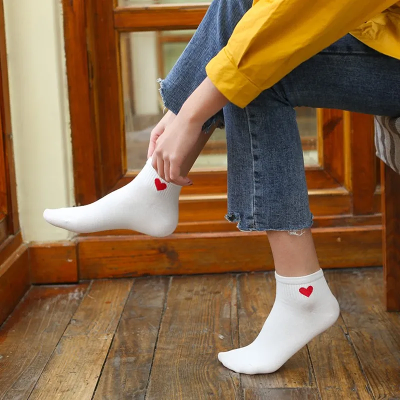 Spring Summer Girl Socks Cotton Harajuku Japanese Style Heart Pattern Socks Women Solid Kawaii