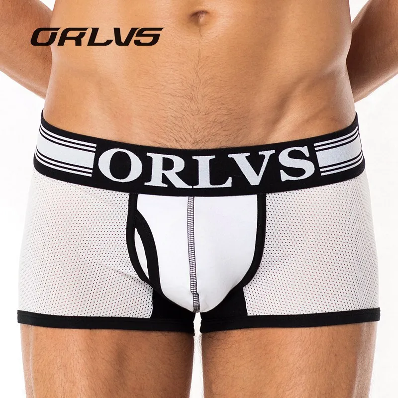 

ORLVS Breathable Men's Sexy summer mesh ice silk Underwear Boxer Four Corner Panties Male U Convex Pouch Shorts Solid plus size