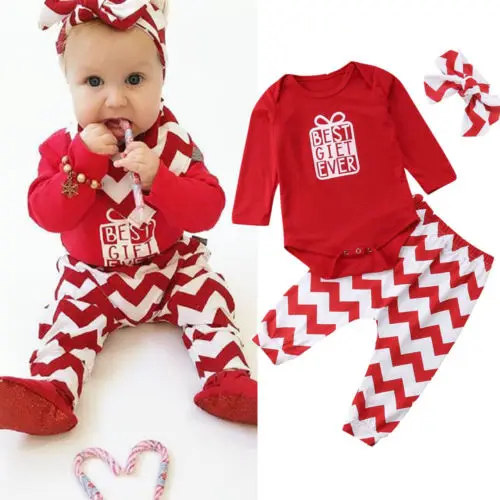 

2018 Brand New Lovely Newborn Kid Baby Girls Christmas Outfits Long Sleeve Romper Striped Long Leggings Headband 3Pcs Set 0-24M